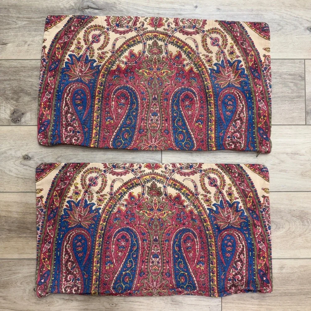 Pottery Barn Vintage Paisley Lumbar Pillow Covers Set of 2 Red Blue Cotton 16x26